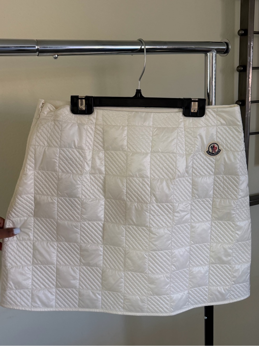 Moncler White Quilted Midi Skirt with Logo Patch